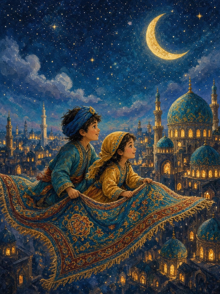A night flight over the domes on a carpet