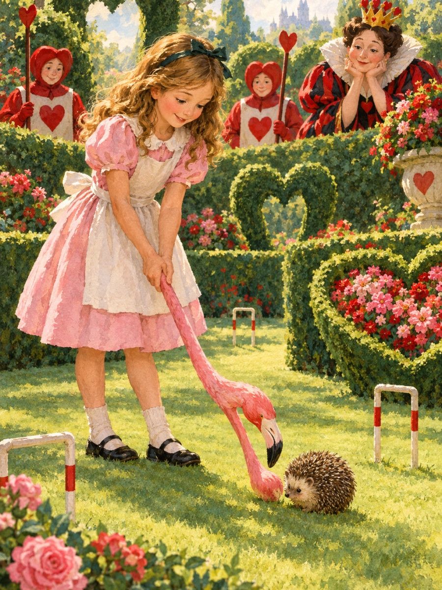 A game of croquet with flamingos for mallets