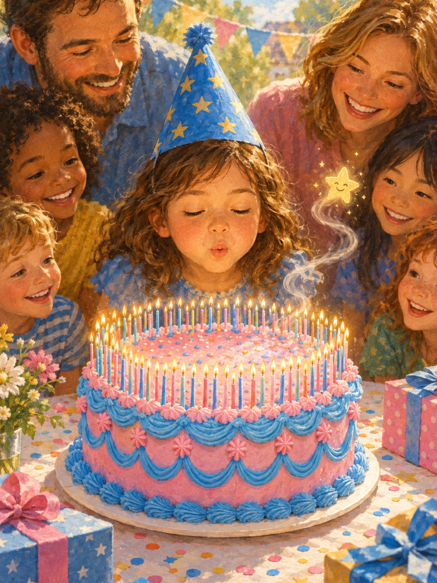 Blowing out the candles as the smoke curls into a little star