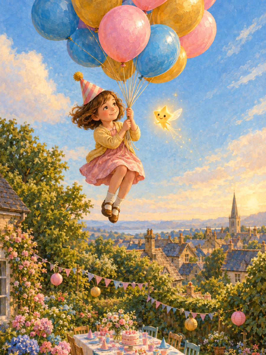 A bunch of balloons drifting over the garden and town