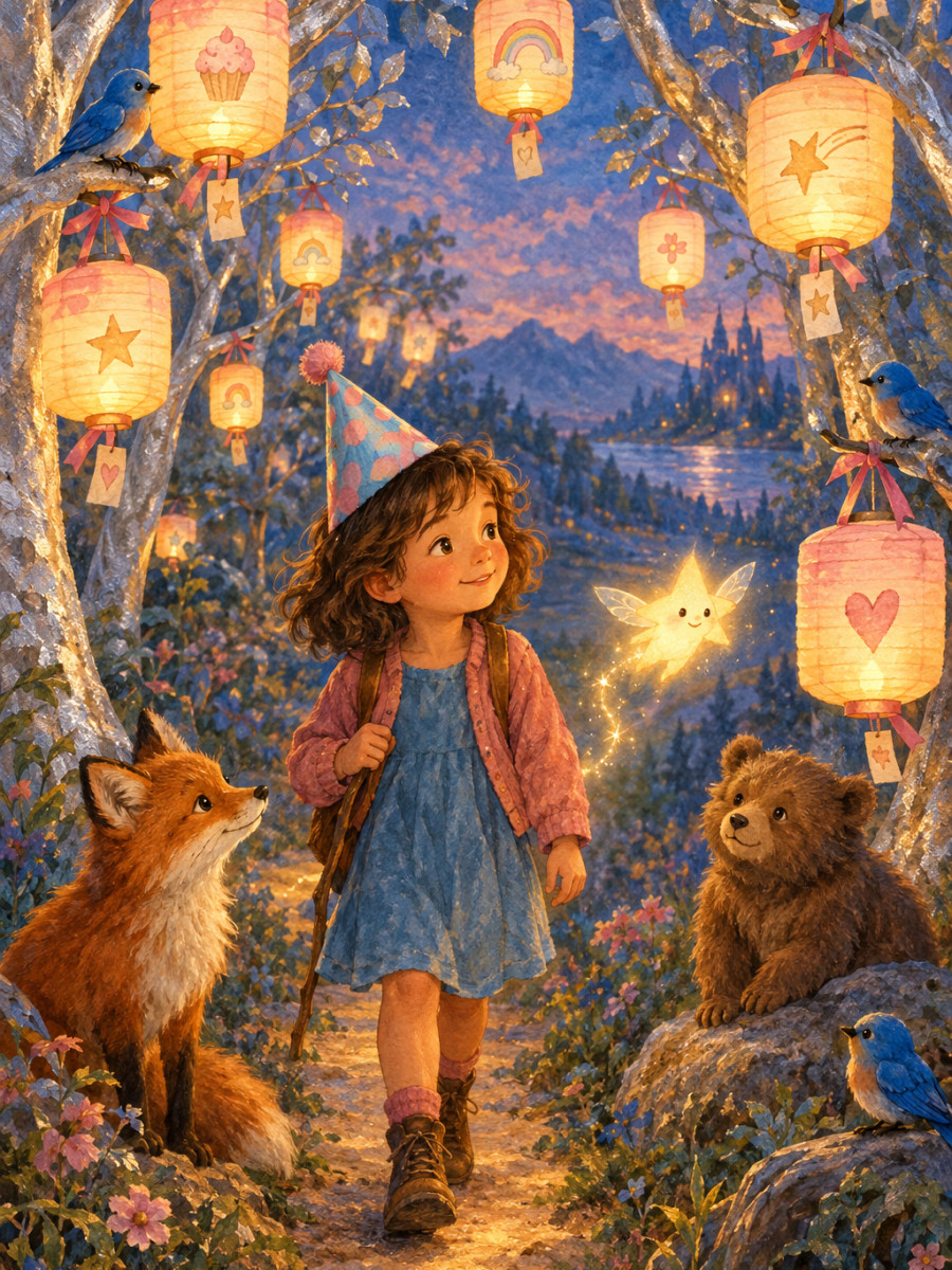 A glowing land where birthday wishes hang like lanterns