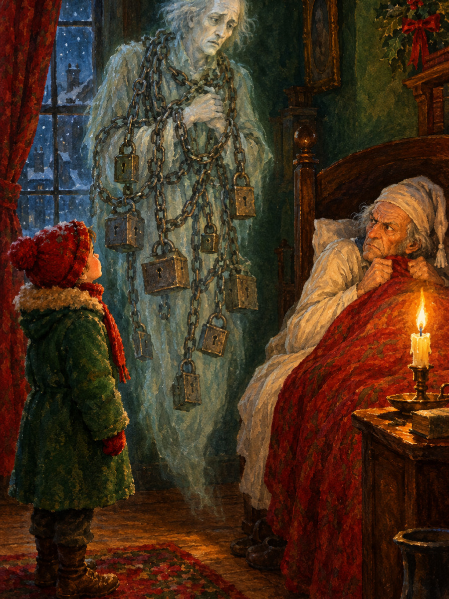 El fantasma de Marley arrastrando sus cadenas junto a la cama de Scrooge