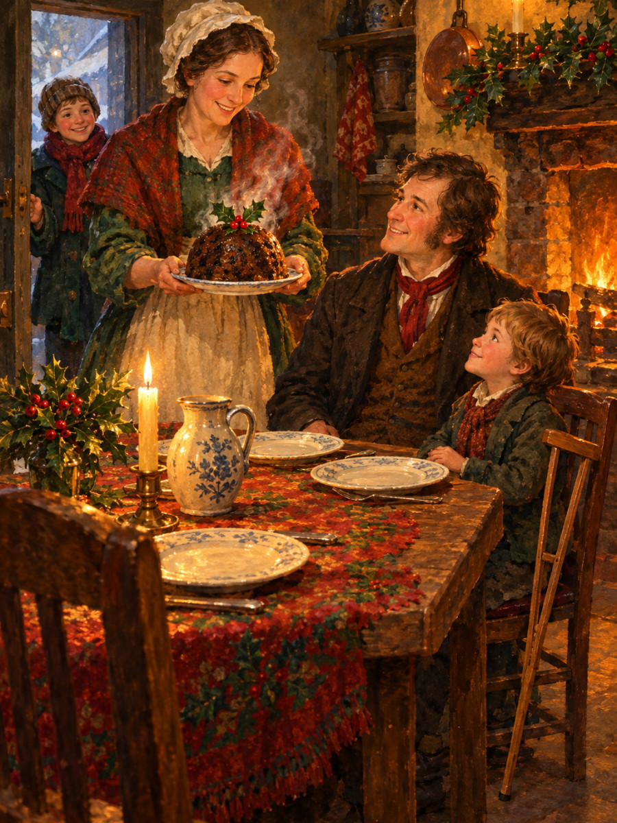 Tiny Tim y los Cratchit alrededor de su pudin de Navidad