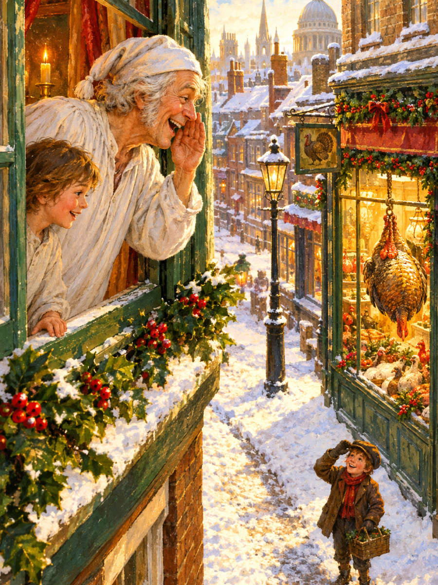 Scrooge en su ventana en una soleada mañana de Navidad