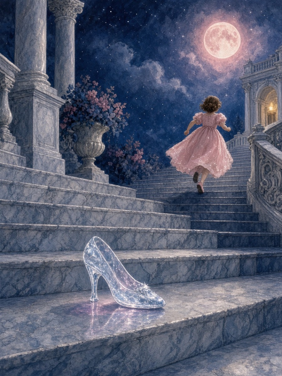 One glass slipper left behind on the palace stairs