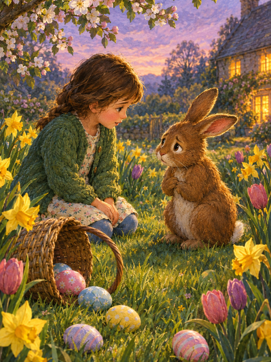 A worried bunny and a tipped-over basket in the dusky garden