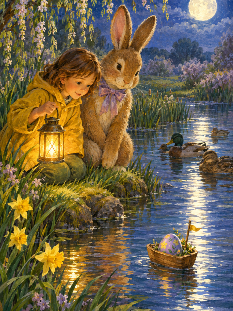 A painted egg sailing in a little boat across the moonlit pond