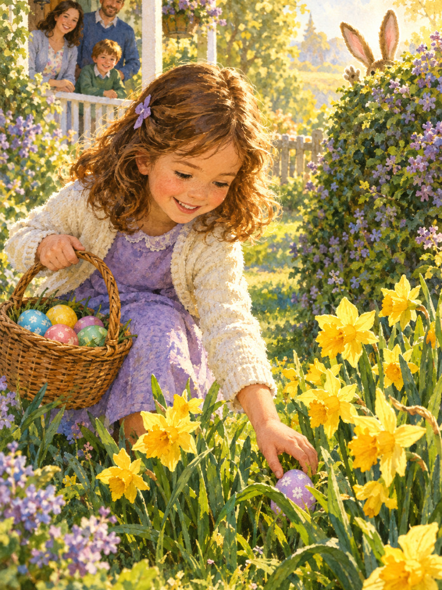 Easter morning eggs among daffodils, long ears behind the hedge