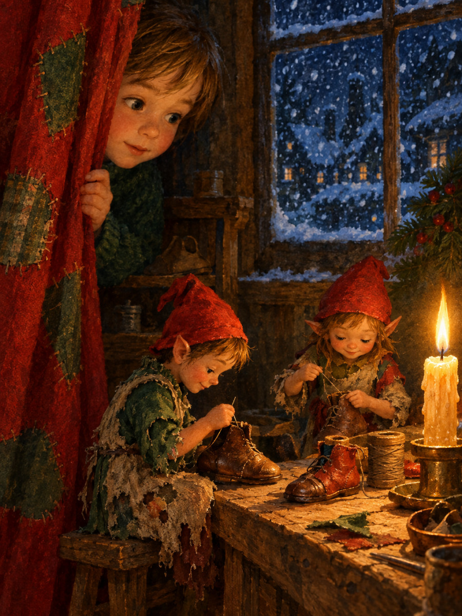 Two tiny elves stitching by candlelight behind the curtain