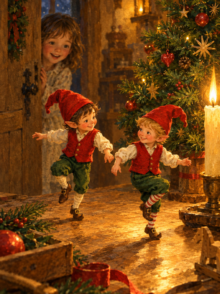 The elves dancing in their new Christmas clothes