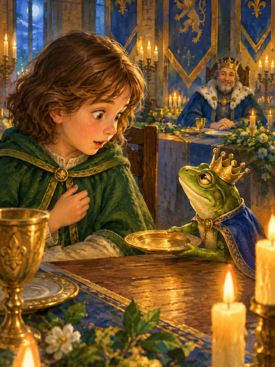 A frog prince at the candlelit royal supper