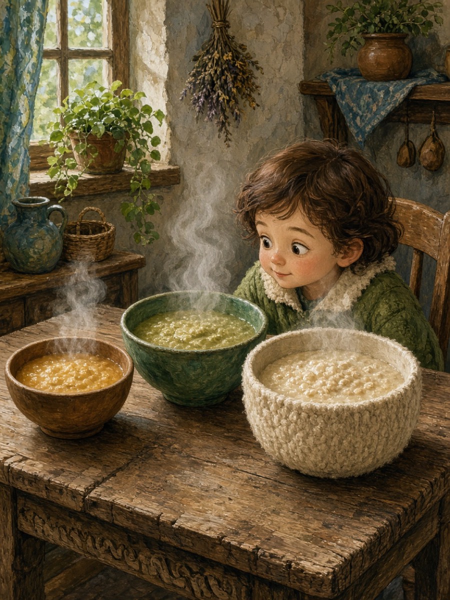 Three steaming bowls on a cottage table