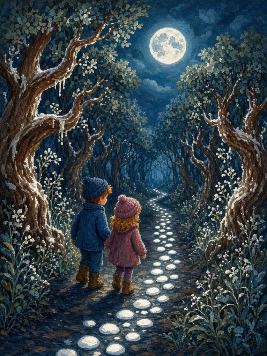 A trail of pebbles glittering in the moonlight