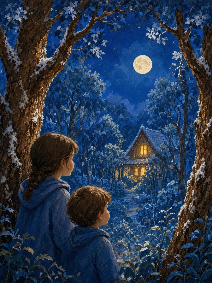 The light of home at the edge of the forest