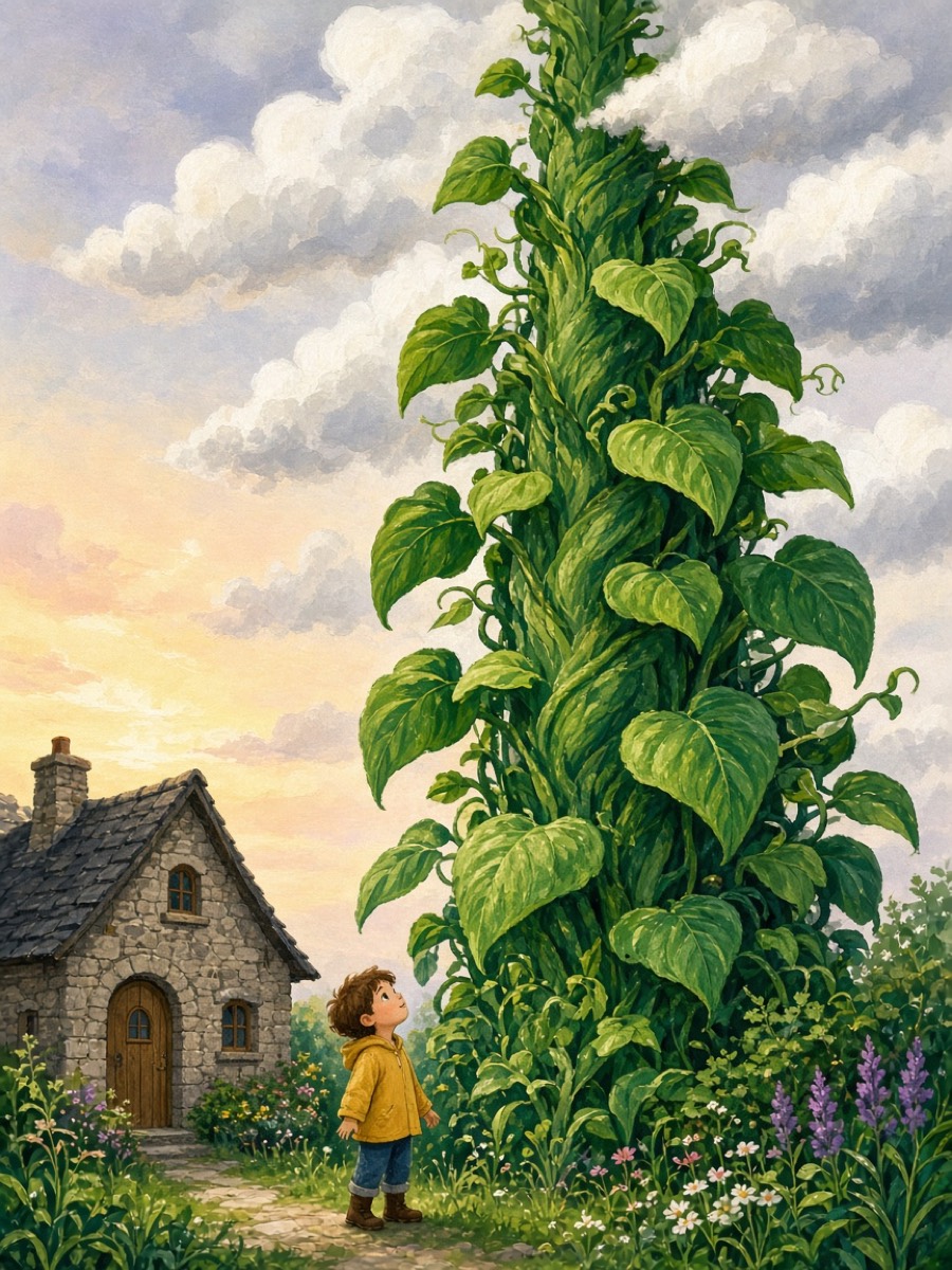 A beanstalk towering over the garden at dawn