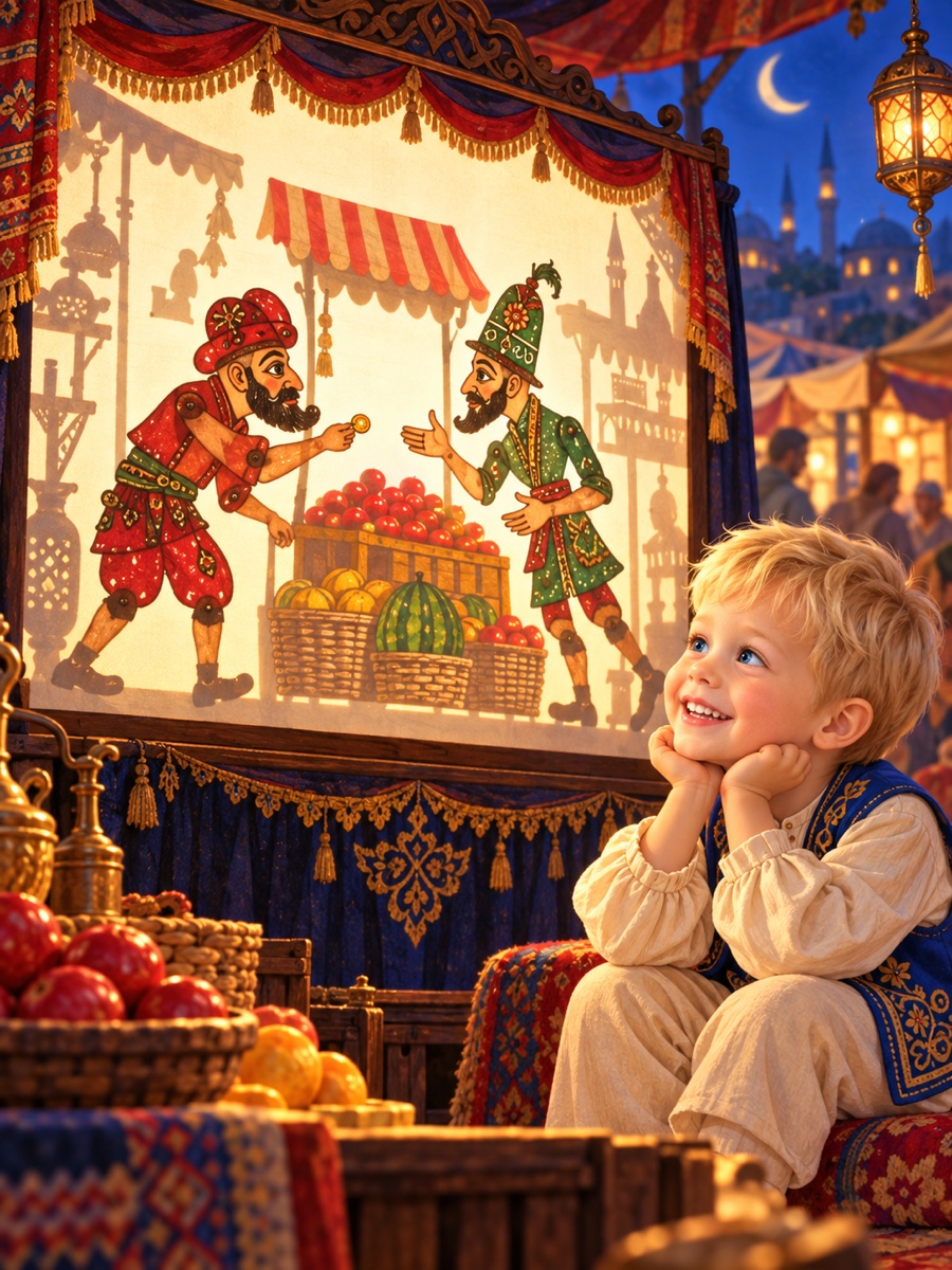 Pazar yerinde Karagöz ile Hacivat'ın komik bir çekişmesi