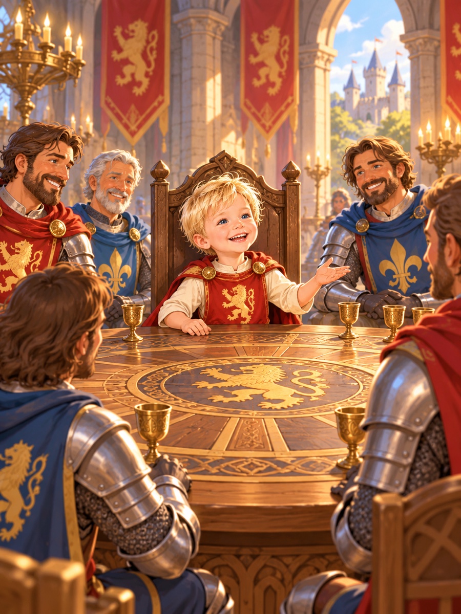 Knights gathered around a great round table at Camelot