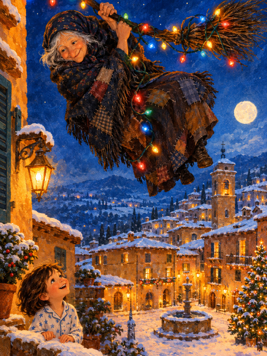 La scopa della Befana impigliata nelle luci di Natale della piazza