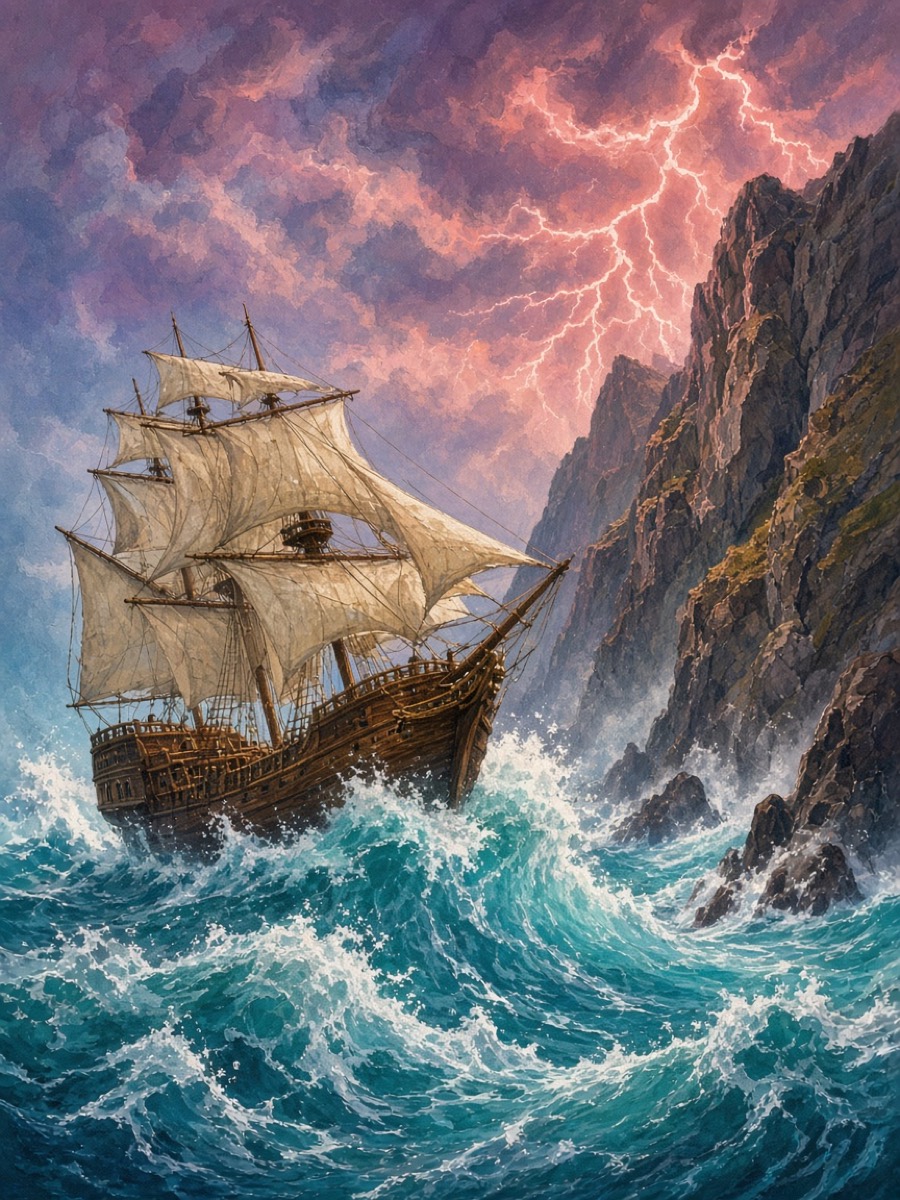 A ship tossed towards the rocks in a storm