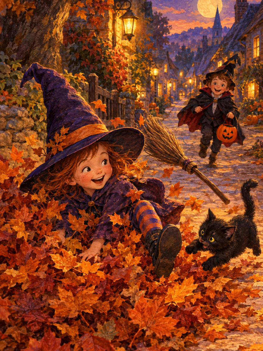 A little witch tumbling into the autumn leaves