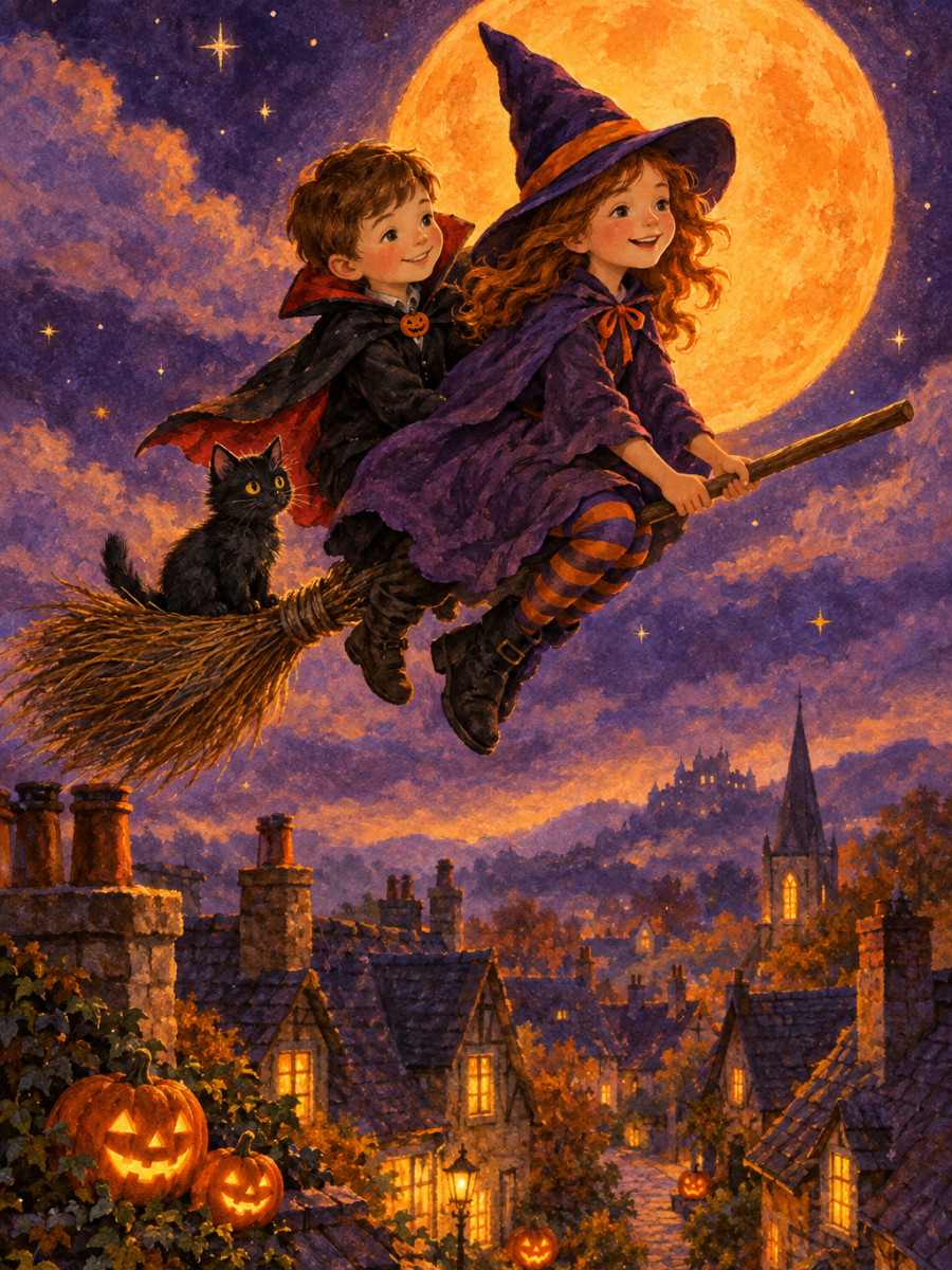 Flying over glowing jack-o'-lanterns under an orange moon