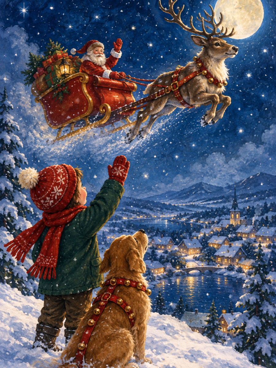 Santas Schlitten mit Komet über dem Dorf