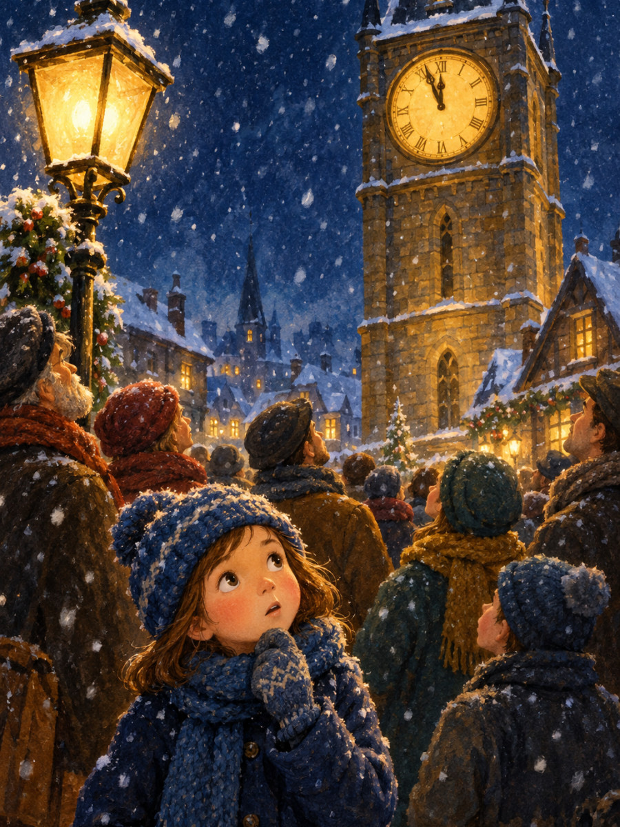 The great town clock stuck at 11:59 above a snowy square
