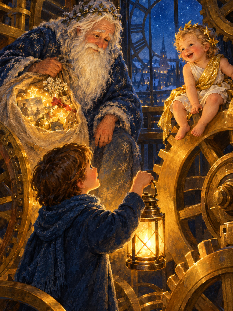 A lantern glowing among brass gears, Old Year and Baby New Year