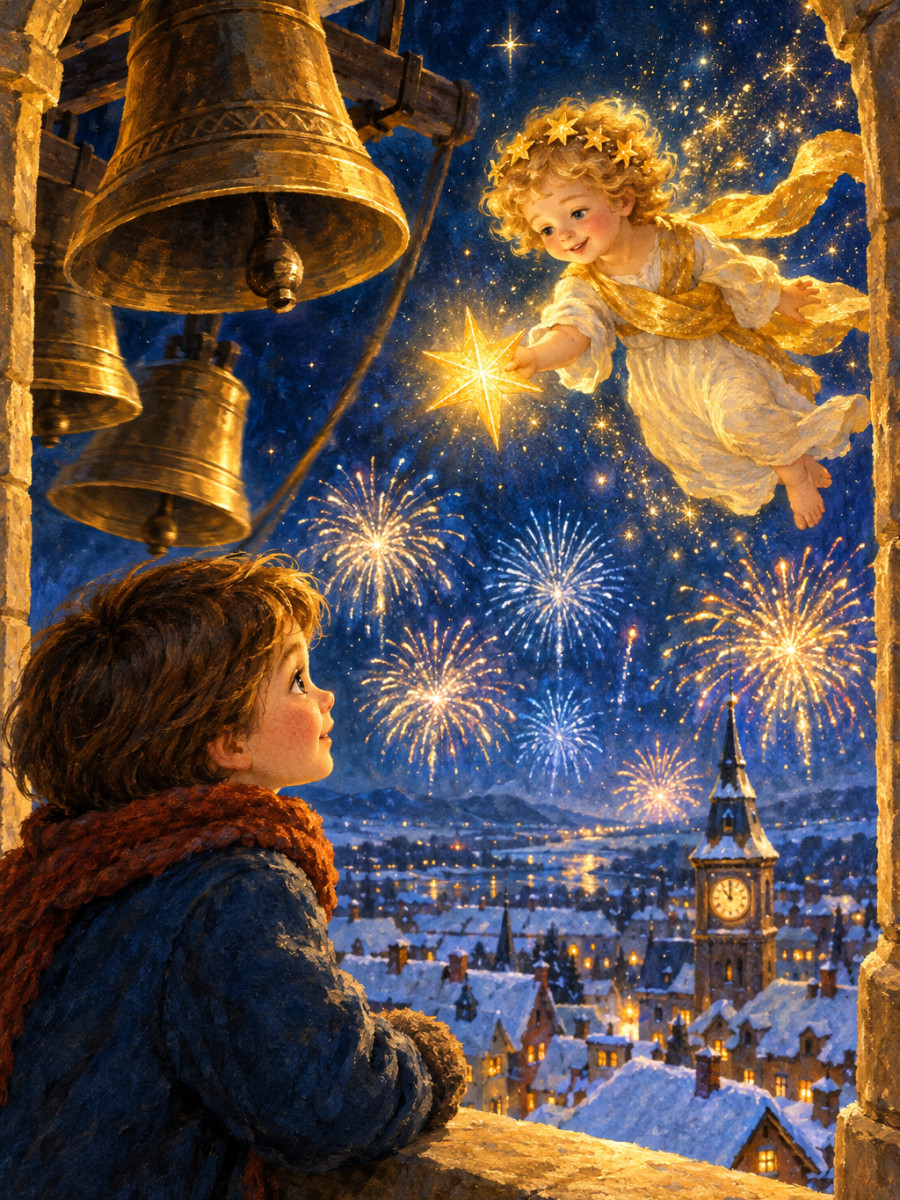 Bells ringing twelve as fireworks bloom over the rooftops
