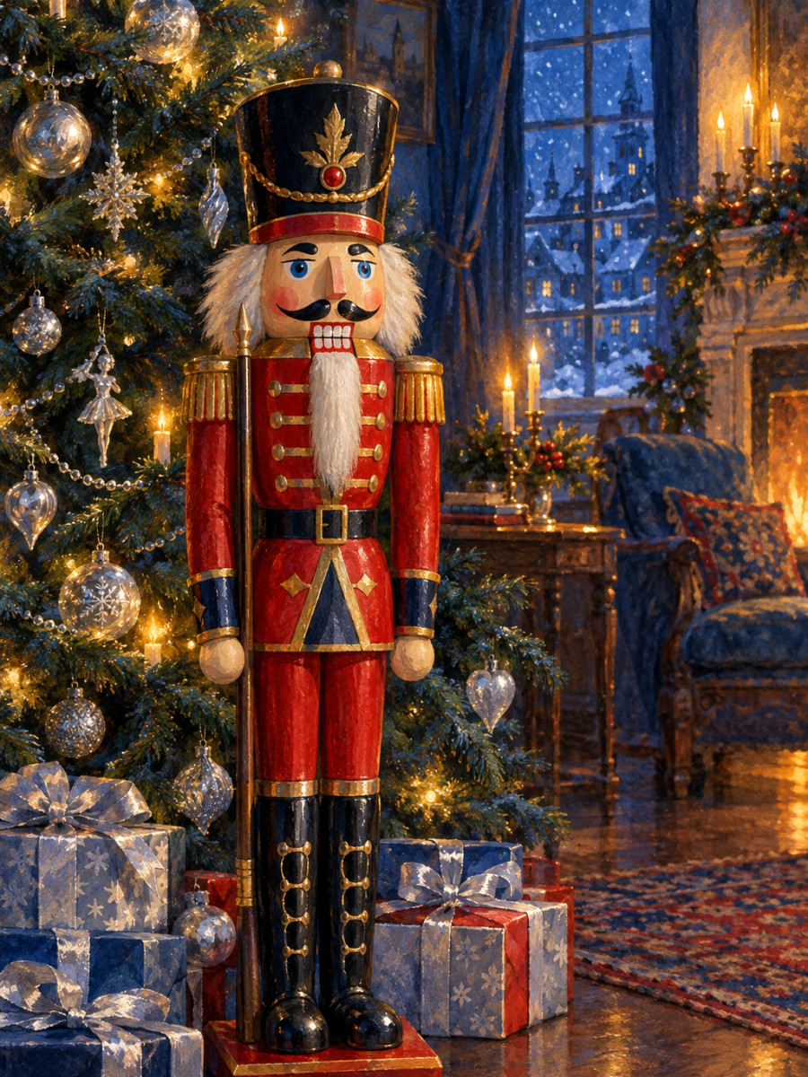 A tall wooden nutcracker standing guard under a glittering tree