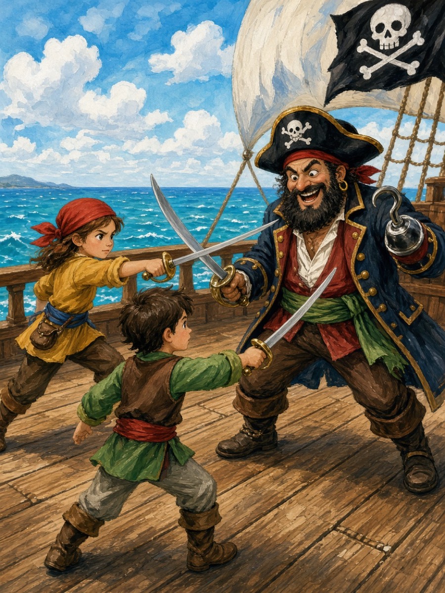 A duel on the deck of a pirate ship