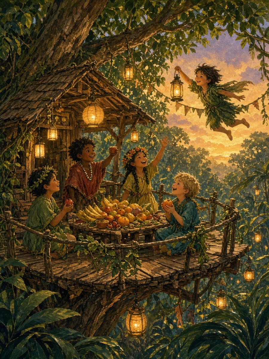 A tree-house feast with the lost children