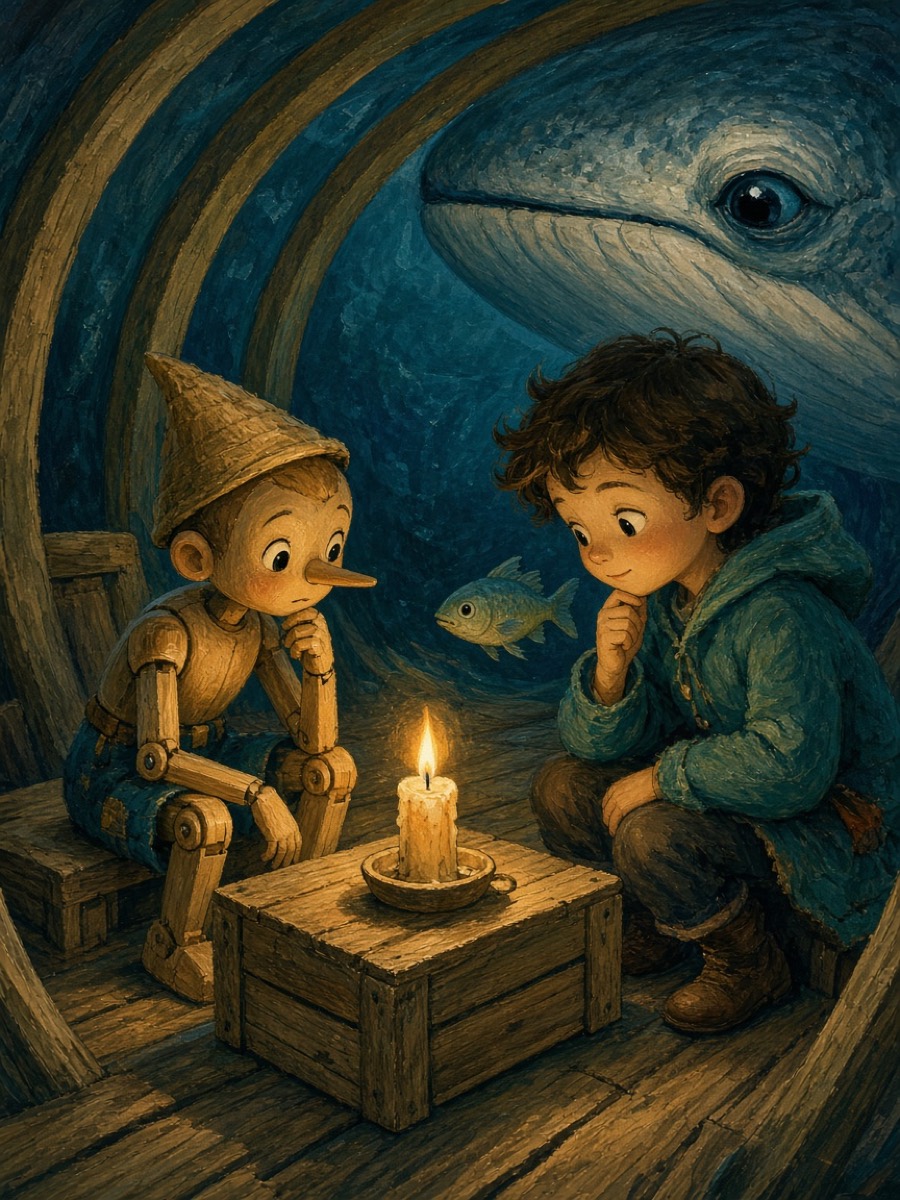 Making a plan by candlelight inside the whale