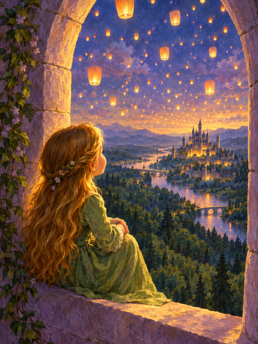 A sky full of floating lanterns seen from the highest window