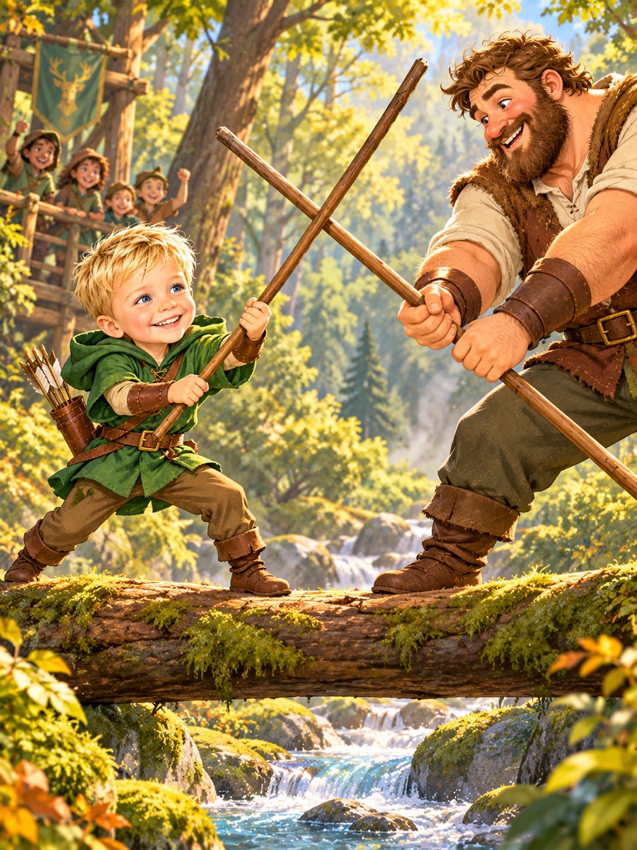 A quarterstaff duel balanced on a log bridge over a stream