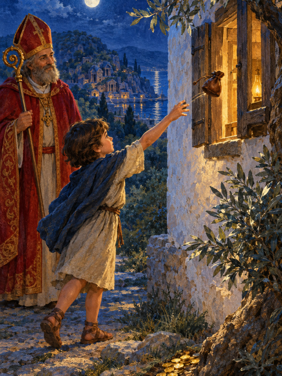 A purse of gold flying through an open window
