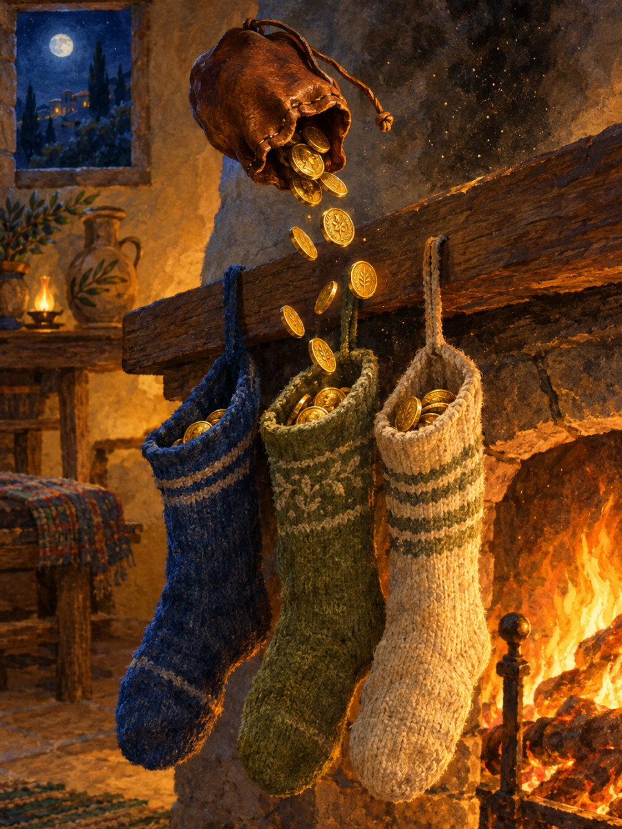 Gold coins tumbling into stockings by the fire