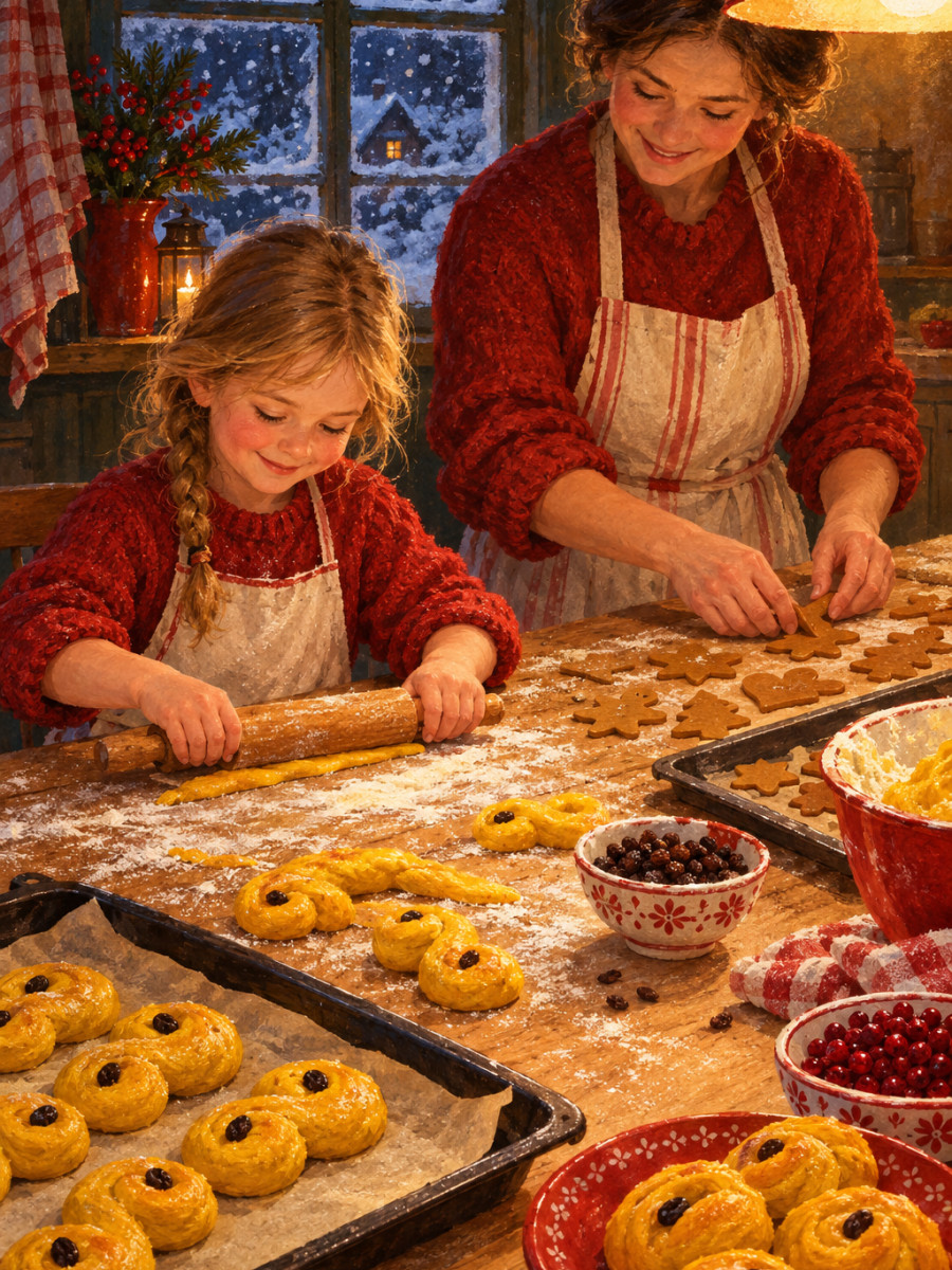 Krøllede lussekatte med rosiner på pladen en mørk aften