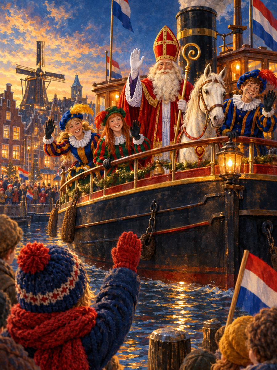 De stoomboot van Sinterklaas die aanmeert in de haven