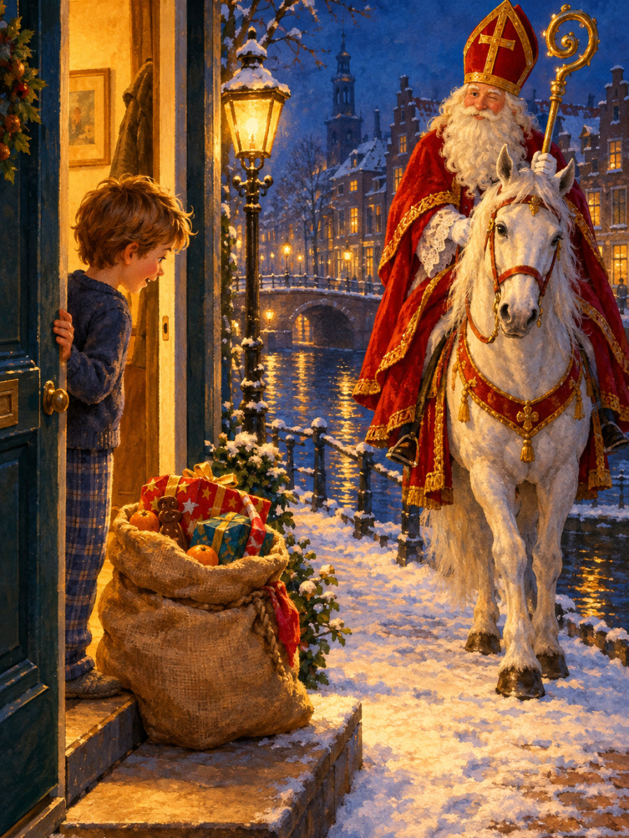 Een zak vol pakjes op de stoep en Sinterklaas die knipoogt