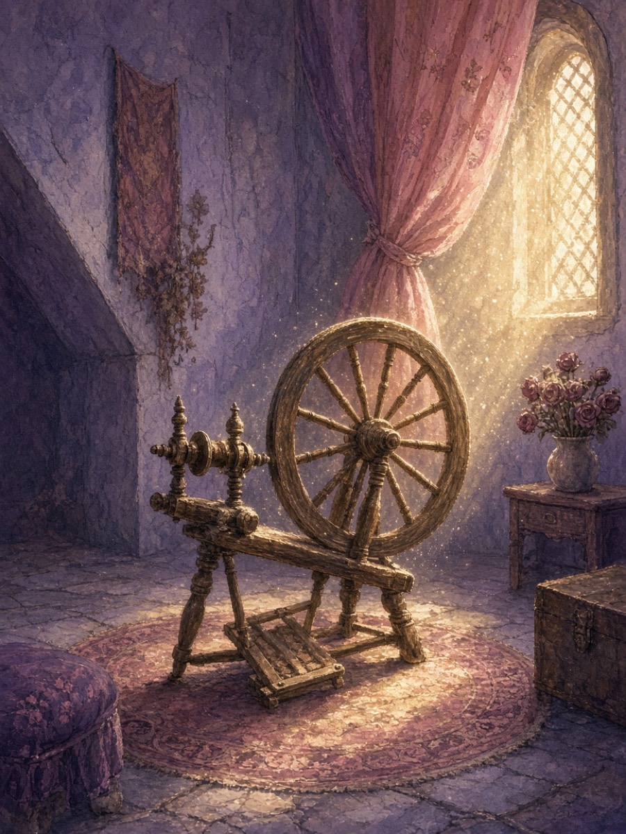 A dusty spinning wheel in a silent tower
