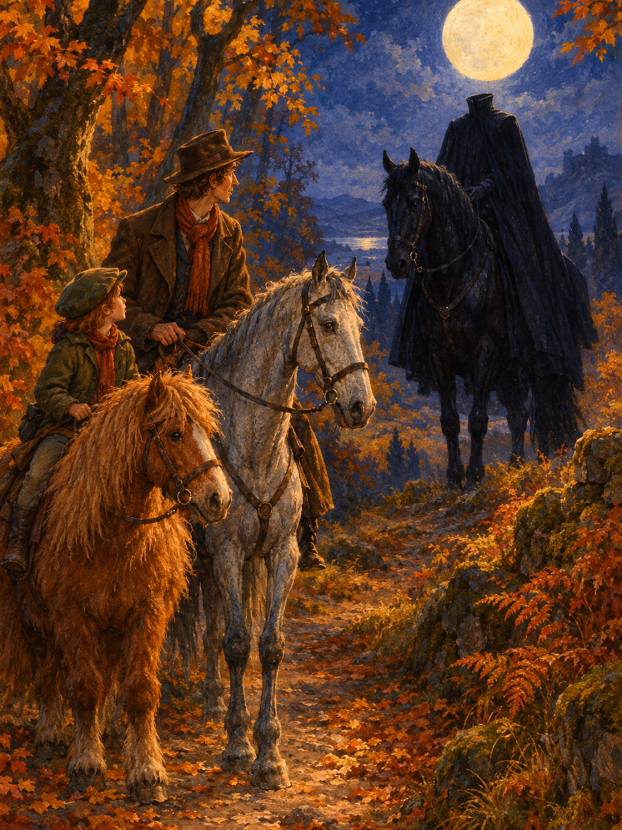 A cloaked rider with no head among the moonlit trees
