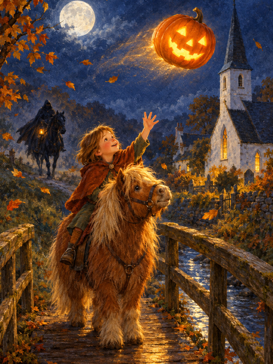 A glowing pumpkin flying over the bridge by the church
