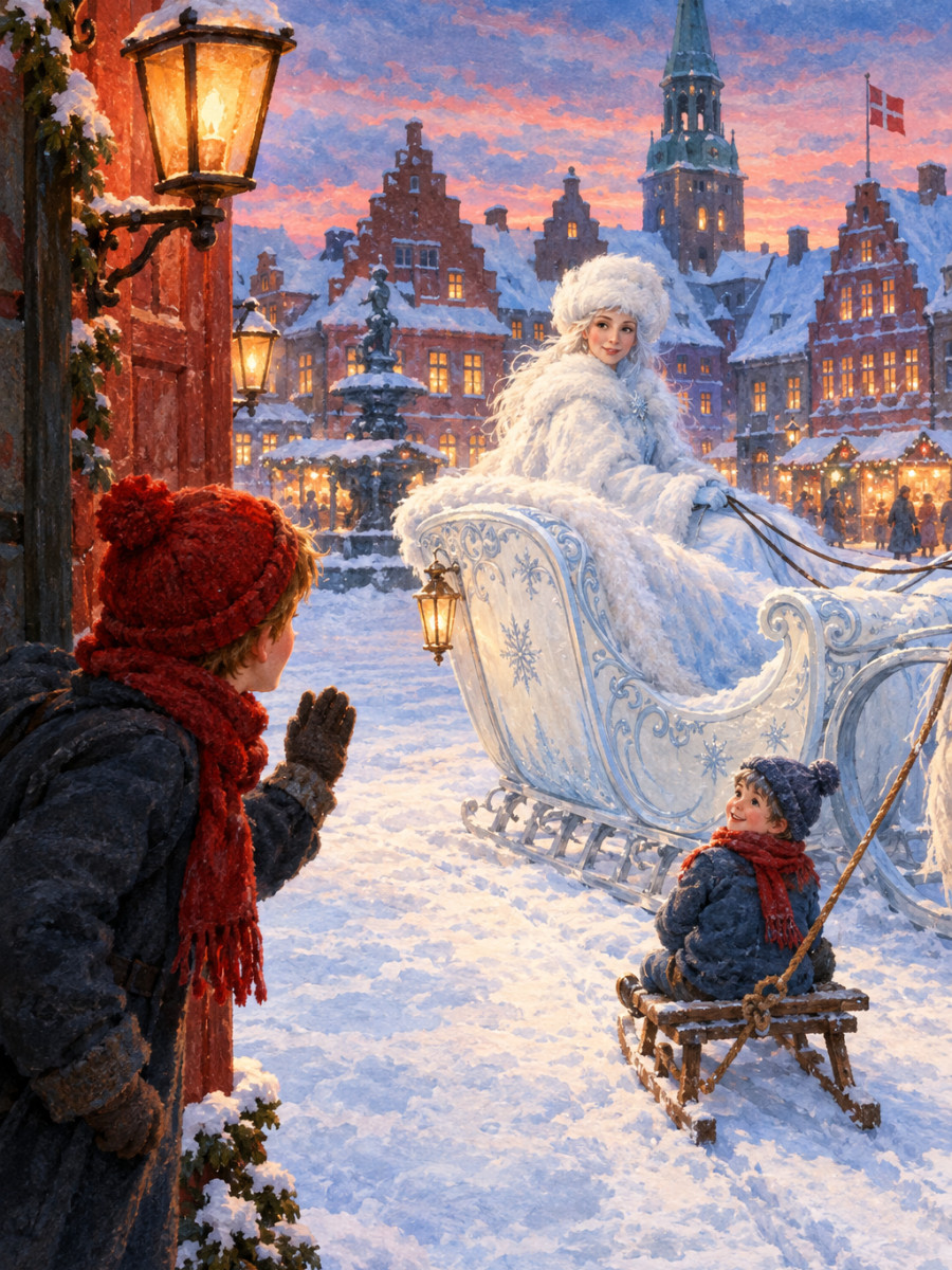 Kai's sled swept away behind the Snow Queen's white sleigh