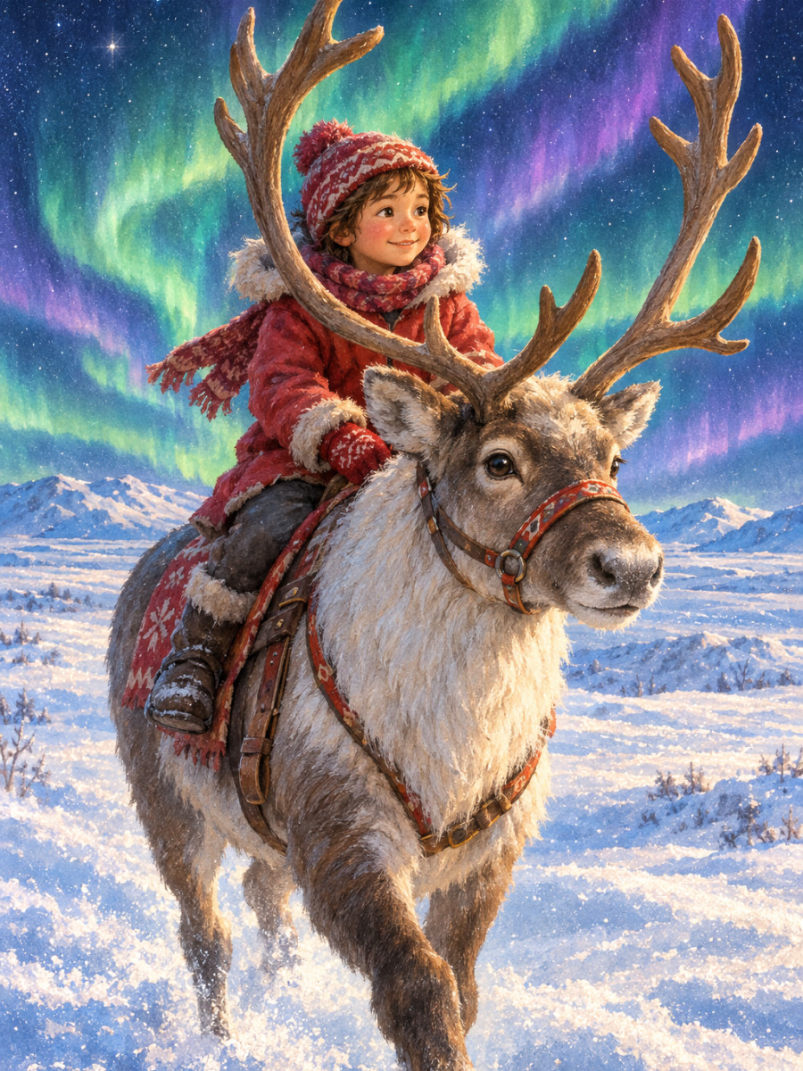 A reindeer ride beneath the northern lights