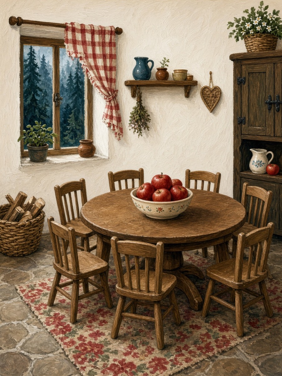 A tiny kitchen with seven little chairs
