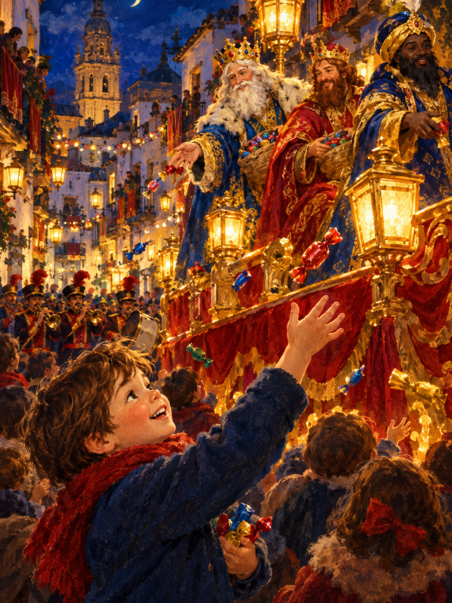 Caramelos volando desde las carrozas de la Cabalgata de Reyes