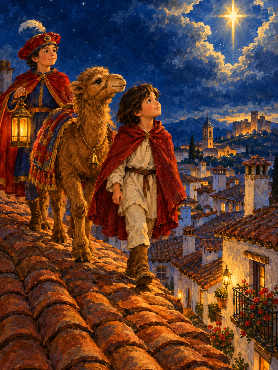 Un camellito, un paje y la estrella sobre los tejados del pueblo