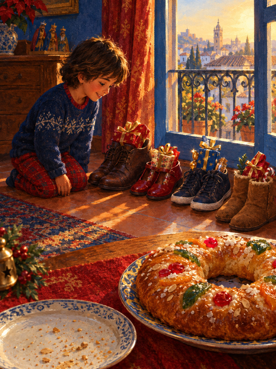 Zapatos llenos de regalos y un roscón en la mañana de Reyes