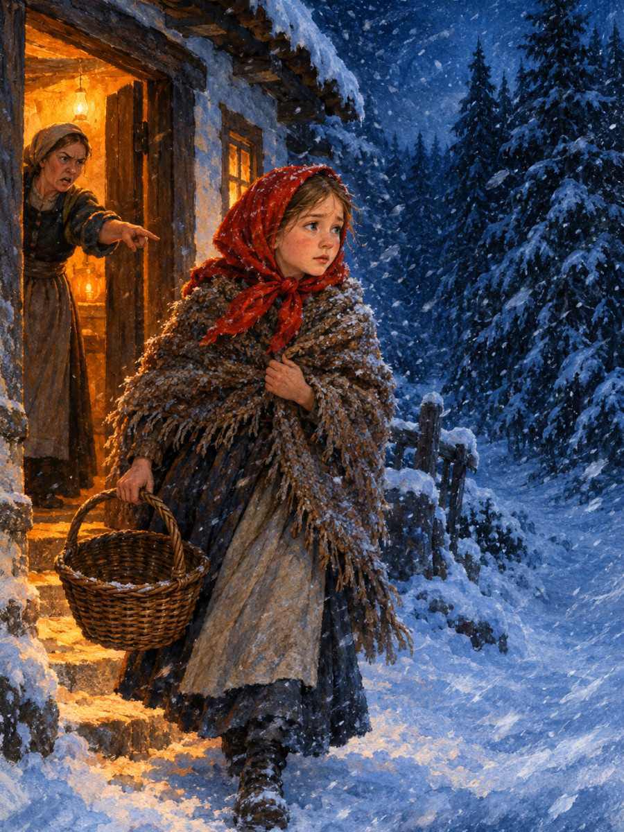 A girl with a basket stepping into a midnight snowstorm